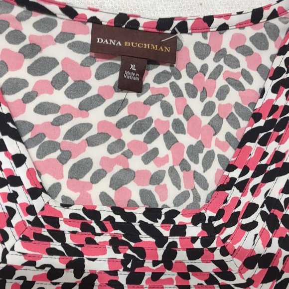 DANA BUCHMAN PINK BLACK WHITE ABSTRACT DOTS SLEEVELESS DRESS RUCHED SIZE XL - Picture 5 of 9